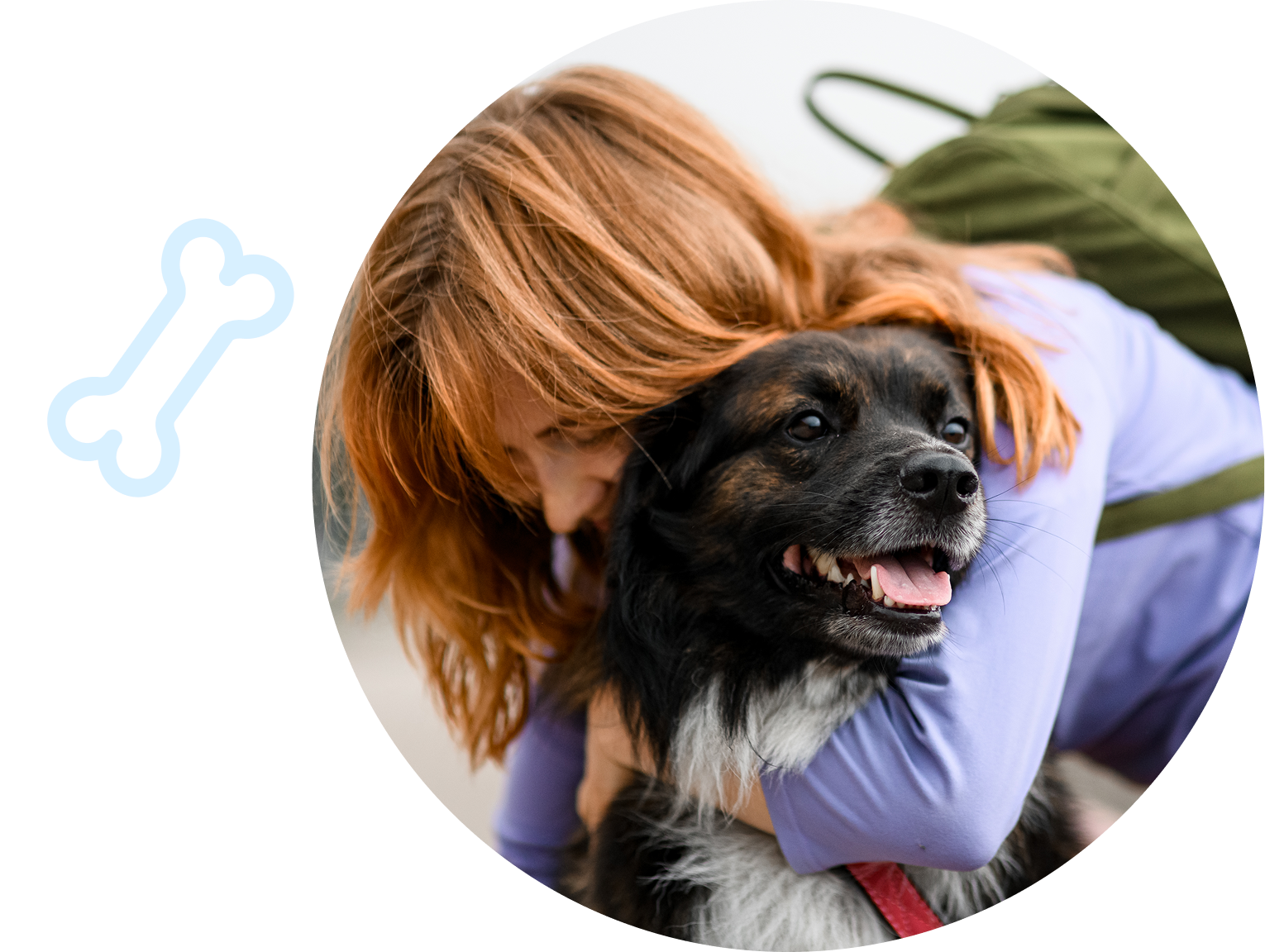 Woman hugging happy dog with bone icon.