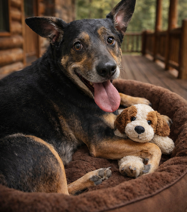 A happy dog cuddling a stuffed animal on a cozy bed.