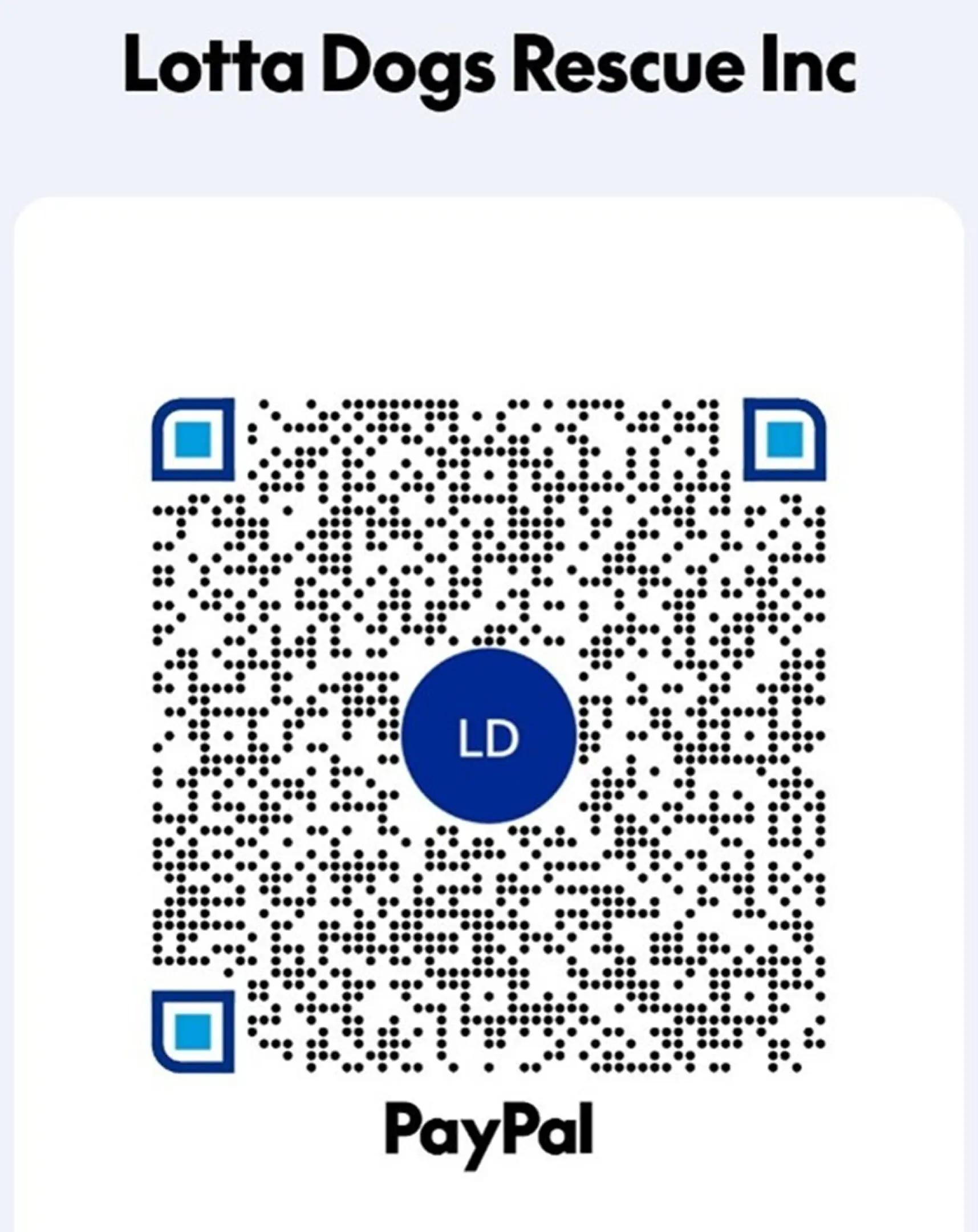 A QR code with a blue circle labeled 'LD' in the center.