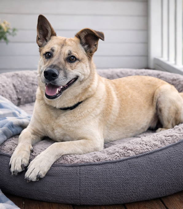 Happy dog relaxing on a cozy gray bed indoors.