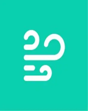 Stylized white wind symbol on a teal background.