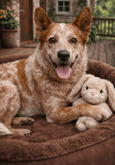 Happy dog cuddling a plush toy on a cozy bed.